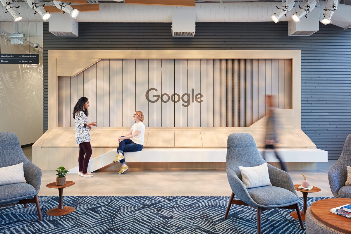 Interactive Google logo wall installation in the Partner Plex lobby
